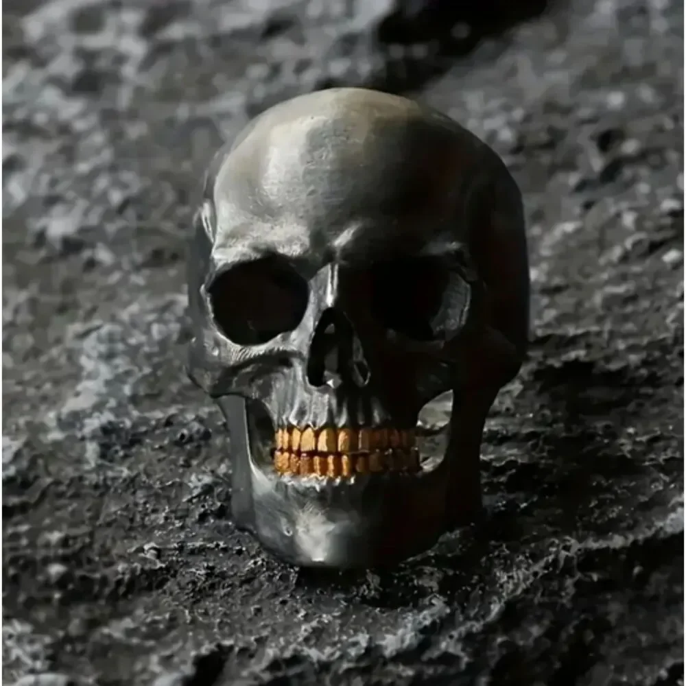 Men's Black Skull Gold Teeth Ring Size 10